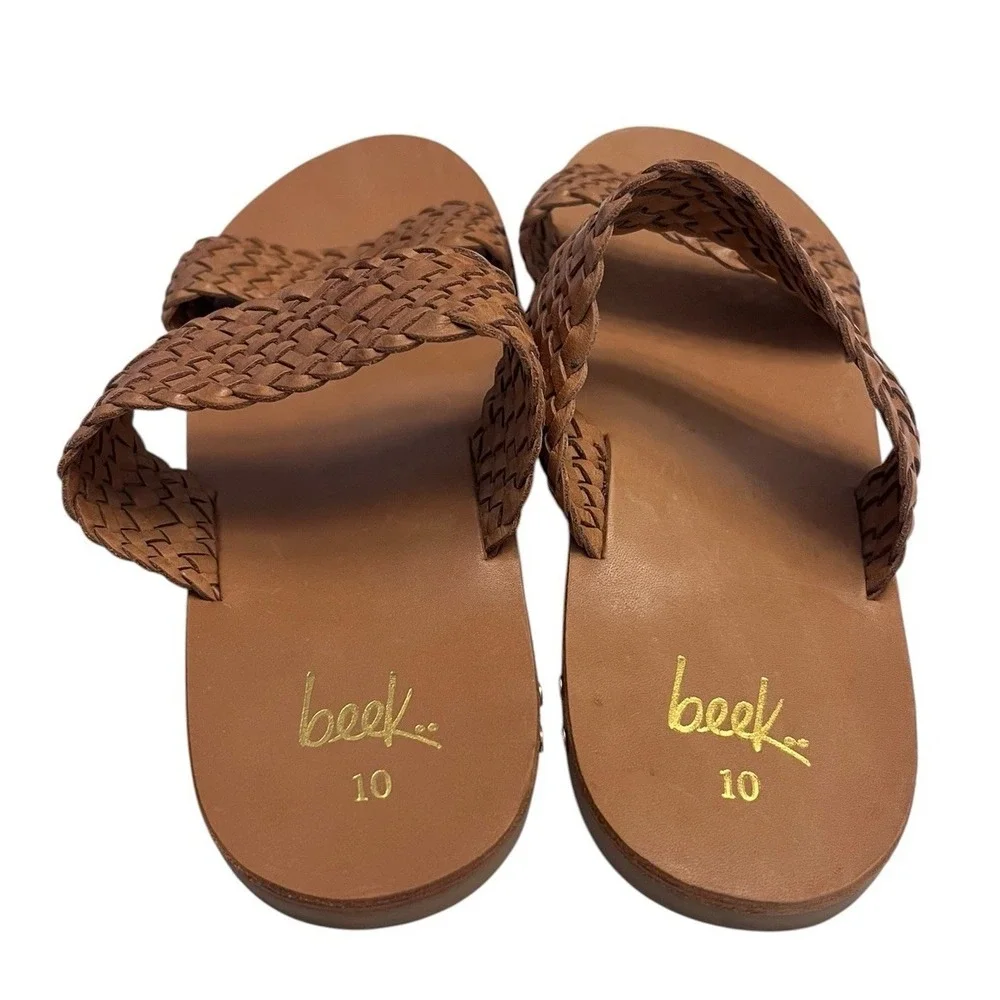 New BEEK Sz 10 Flicker Sandal Woven 100% Leather Tan Women's Double Strap Slide
